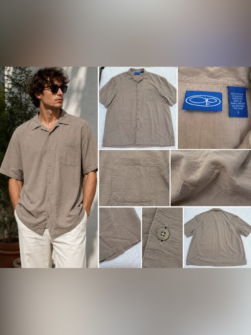 OP Men's Short-Sleeve Textured Slub Button-Down Shirt in Taupe